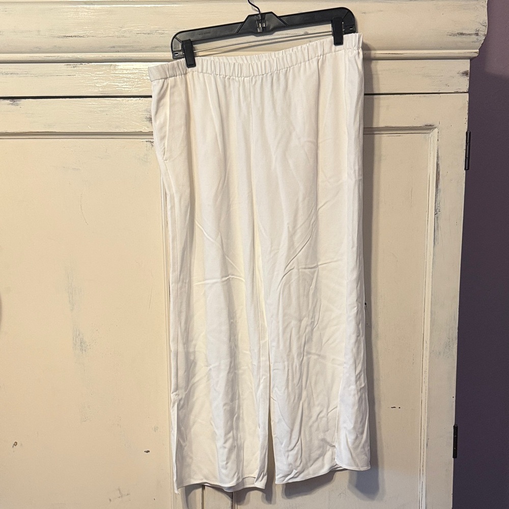 Eileen Fisher White Wide Leg Cropped Viscose Crepe Pants